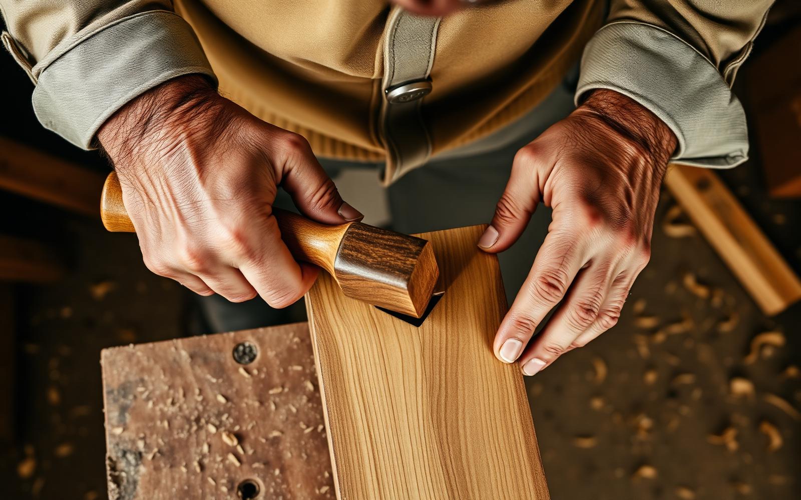 Hands using a mallet and chisel on walnut
